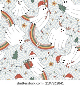 Retro 70s 60s Hippie Groovy Christmas Ghost Flower Rainbow Garland vector seamless pattern. Xmas Floral Santa Reindeer Snowman spook checkerboard background. Trippy dancing ghosts surface design.