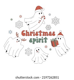 Espíritu de Navidad Hippie Groovy de los años 60 del retro Espíritu de Navidad Fantasma Nieves ilustración vectorial aislada en blanco. Navidad Papel blanco en la hoja de papel de Santa Deer Snowman para el diseño de camisetas.