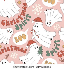 Retro 70s 60s Hippie Groovy Xmas Ghost Snowflakes vector seamless pattern. Christmas Spirit pharse. Santa Reindeer Snowman spook background. Holiday season ghosts surface design.