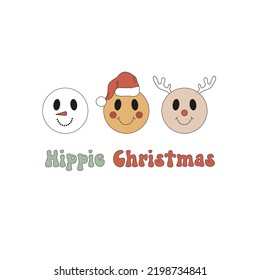 Retro 70s 60s Hippie Groovy Xmas emotional Face vector illustration isolated on white. Happy Christmas equivoque. Snowman Santa Claus Reindeer Smiling icon Holiday festive season greeting postcard