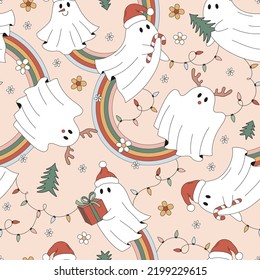 Retro 70s 60s Hippie Groovy Christmas Ghost Flower Rainbow Garland vector seamless pattern. Xmas Floral Santa Reindeer Snowman spook background. Trippy dancing ghosts surface design.