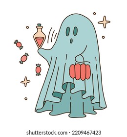 Retro 70s 60s Hippie Groovy Halloween Ghost collecting candies. The white sheet spook is holding a vial of potion. Linear boho aesthetic hand drawn vector illustration.