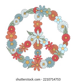 Retro 70s 60s. Hippie Groovy Peace Sign Floral wreath vector illustration isolated on white. Boho Vintage flora pacifist symbol Flower power Flower child tee shirt print.