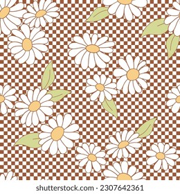 Retro 70s 60s Hippie Groovy Daisy Flower on checkers vector seamless pattern. Boho floral Summer retro colours flower bouquet checkered background surface design.