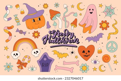 Halloween Hippie Groovy de los años 60 retro. Graciosamente espeluznante calabaza fantasma flor hippy elementos emocionales colección de impresos. Ilustración dibujada a mano con el contorno del vector.