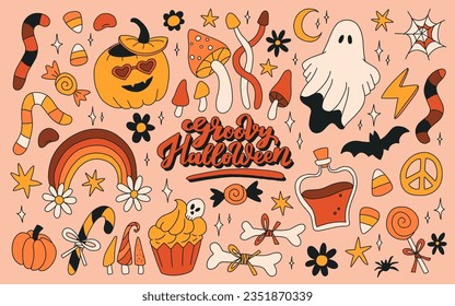 Retro 70s 60s Hippie Groovy Halloween set. Funny spooky ghost pumpkin flower hippy emotional elements print collection. Vector contour hand drawn illustration.