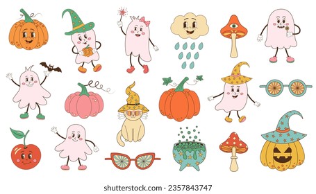 Retro 70s 60s Hippie Groovy Halloween set. Funny spooky ghosts, pumpkins, mushrooms and other vintage characters. Psychedelic collection of hippie color halloween elements.