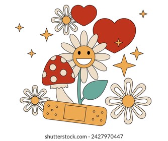 Retro 70s 60s Hippie Groovy Flower, mushroom, heart, Medical patch. Grow positive thoughts Good vibes. Boho Summer Flower Power Flower Child surface design