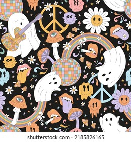 Retro 70s 60s Hippie Halloween Ghost Disco Party Daisy Smilie zombie Flower Rainbow vector seamless pattern. Groovy Spook discotheque background. Disco ball vampy lips mushrooms rave surface design.