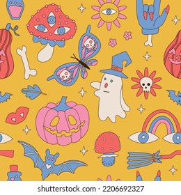 Retro 70s 60s Hippie Halloween seamless pattern with Ghost Mushroom Daisy Butterfly Flower Rainbow elements . Groovy Spook background. Hand drawn contour vector illustration