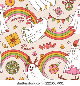 Retro 70s 60s Hippie seamless pattern with Groovy Christmas Ghost chcracters flying between Rainbow Garlands. Xmas Floral white sheet spook background. Trippy dancing ghosts. Vector illustration.