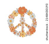 Retro 70s 60s Summer Hippie Groovy Peace Sign Floral wreath vector illustration isolated on white. Boho Vintage flora pacifist symbol Flower power Flower child tee shirt print.