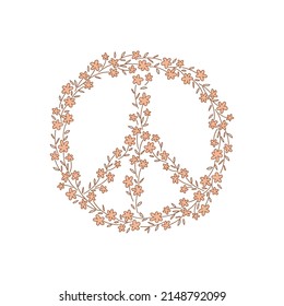 Retro 70s 60s Summer Hippie Groovy Peace Sign Floral wreath vector illustration isolated on white. Boho Vintage flora pacifist symbol Flower power Flower child tee shirt print.