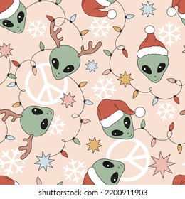 Retro 70s 60s UFO Alien Face garland peace sign vector seamless pattern. Hippie Groovy Christmas extraterrestrial Smiling icon Xmas New Year holiday season background.