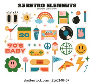 Retro 70s, 80s, 90s Hippie Stickers, Psychedelic Acid Elements. Funky Cartoon Drinks, Flowers, Rainbow, Vintage Hippie Style Vector Elements Set.