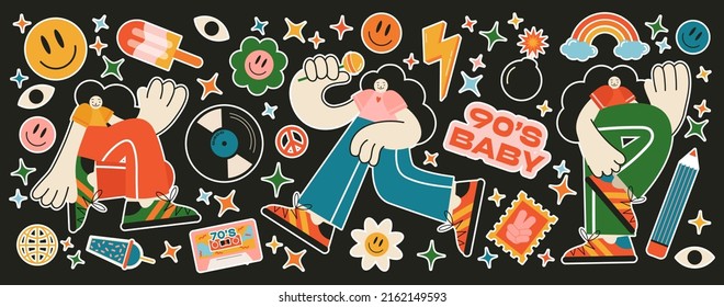 Retro 70s  80s  90s hippie stickers  psychedelic acid elements  and  emo characters  retro girls  Cartoon funky drinks  flowers  rainbow  vintage hippie style vector elements set 