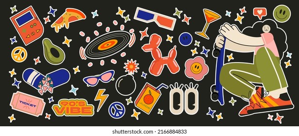 Retro 70s, 80s, 90s hippie stickers, psychedelic acid elements. with emo characters, retro girls. Funky cartoon vinyl records, flowers, gamepad, vintage set of hippie style vector elements.