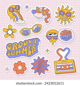Retro 70s, 80s, 90s hippie stickers set with funny psychedelic elements. Groovy summer collection with cool characters, vintage trippy icons. Cartoon funky flowers, rainbow, vintage sunglasses. Vector