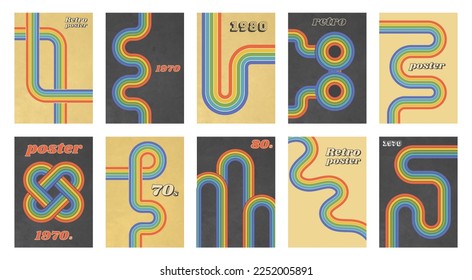 Retro 70s 80s geometric posters set. Groovy collection cover. Wall benner design. 70s poster elements rainbow isolated of collection. Minimalistic old-fashioned cover for artwork. Vector illustration