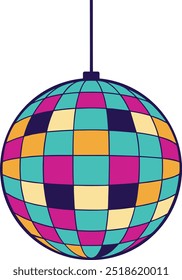 Retro 70er und 80er Jahre inspiriertes Design mit farbenfrohen Disco Ball für Nightclub Hintergrund, Diskothek Party, Dance Club Aufkleber. Vintage-Grafik-Symbol für Retro-Abzeichen, TV-Logos, Themen für elektronische Musik