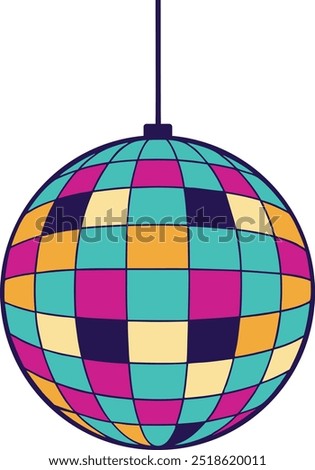 Retro 70s and 80s Inspired Design Featuring Colorful Disco Ball for Nightclub Backdrop, Discotheque Party, Dance Club Sticker. Vintage Graphic Icon for Retro Badges, TV Logos, Electronic Music Themes