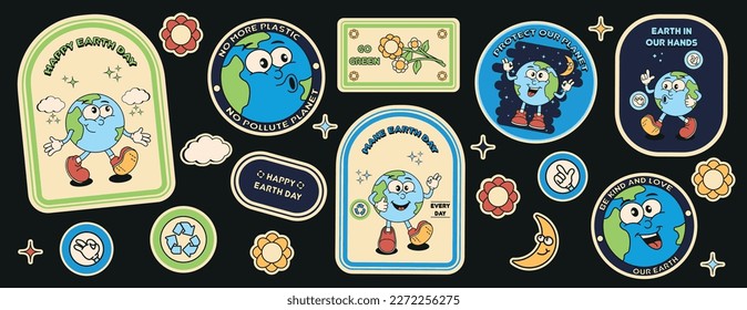 Retro 70s, 80s stickers, Cartoon planet with environmental protection slogans, flowers, moon, hand, vector set. Positive symbols or icons.