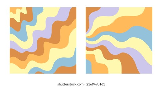 Retro 70s Abstract background covers set. Trippy Glitchy vector illustration collection, groovy tags template. Geometric Wavy backdrop 1960s-1970s Hippie style fluid brochure, banner design.