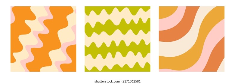 Retro 70s Abstract background covers set. Trippy Glitchy vector illustration collection, groovy tags template. Geometric Wavy backdrop 1960s-1970s Hippie style fluid brochure, banner design.
