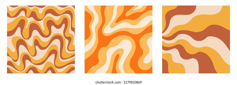 Retro 70s Abstract curve background set, vector illustration cover collection. Trippy Glitchy  groovy design. Geometric Wavy backdrop 1960s-1970s Hippie style fluid Wallpaper, web site template