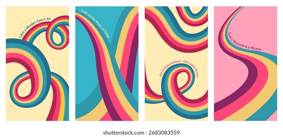 Retro 70s abstract posters with rainbow stripes and groovy curves. Vintage geometric vector set in hippie style. Colorful background for artwork, fashion print and wall decor.	