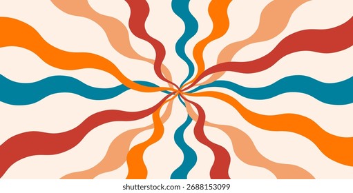 Fondo ondulado Abstractas retro de los años 70. Patrón radial groovy de líneas fluidas naranja, rojo y verde azulado que convergen en el centro sobre un fondo de color crema.