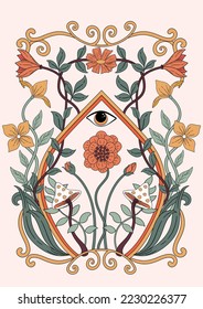 Retro 70's art nouveau style illustration print with flowers, mushroom, leaves and eye. Trendy botanical composition for poster, wall art, invites, tshirt graphic etc.