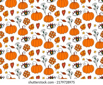 Retro 70s autumn vibe, hippie psychedelic groovy pattern. Cartoon funky autumn texture. vector illustration.