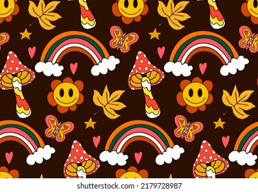 Retro 70s autumn vibe, hippie psychedelic groovy pattern. Cartoon funky autumn texture. vector illustration.