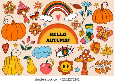 Retro 70s autumn vibe, hippie stickers, psychedelic groovy elements. Cartoon funky autumn leaves, mushrooms, pumpkins, harvest vintage hippy style element. vector illustration.