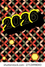 Retro 70s Background com 2026. Modelo de arte Groovy Holiday 1970s. Cartaz de design minimalista Vintage. Arte colorida antiquada.