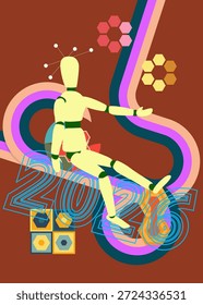 Retro 70s Hintergrund mit 2026 Text. Groovy hölzerne Marionette 1970er Jahre Kunstvorlage. Minimalistisches Vintage Design Poster. Alte Farbkunst.