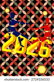 Fondo retro de los años 70 con texto de 2026. Títere de madera Groovy 1970 Plantilla de arte. Afiche de diseño minimalista de Antiguas. Obra de arte a color anticuada.