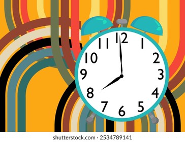 Retro 70s Hintergrund mit Wecker. Groovy Uhr. Kunstvorlage aus den 1970er Jahren. Minimalistisches Vintage Design Poster. Alte Farbkunst.