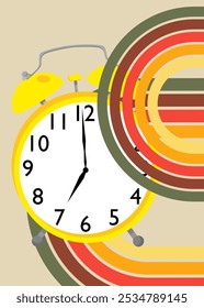 Retro 70s Background with Alarm Clock. Groovy Timepiece. 1970s art template. Minimalistic Vintage design poster. Old-fashioned color artwork.