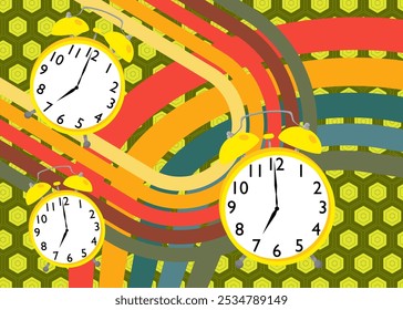 Fondo retro de los años 70 con despertador. Groovy Timepiece. Plantilla artística de los años 70. Afiche de diseño minimalista de Antiguas. Obra de arte a color anticuada.
