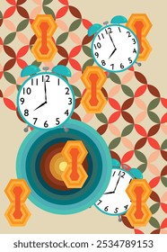 Retro 70s Background with Alarm Clock. Groovy Timepiece. 1970s art template. Minimalistic Vintage design poster. Old-fashioned color artwork.