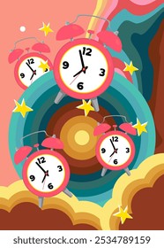 Retro 70s Background with Alarm Clock. Groovy Timepiece. 1970s art template. Minimalistic Vintage design poster. Old-fashioned color artwork.