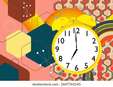 Retro 70s Background with Alarm Clock. Groovy Timer 1970s art template. Minimalistic Vintage design poster. Old-fashioned color artwork.
