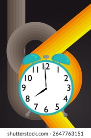 Retro 70s Hintergrund mit Wecker. Groovy Timer 1970er Jahre Kunstvorlage. Minimalistisches Vintage Design Poster. Alte Farbkunst.