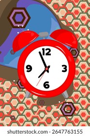 Retro 70s Background with Alarm Clock. Groovy Timer 1970s art template. Minimalistic Vintage design poster. Old-fashioned color artwork.