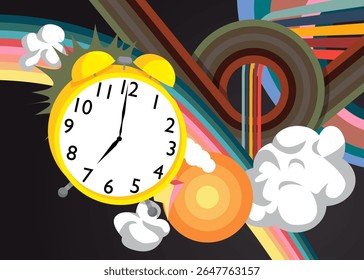 Retro 70s Background with Alarm Clock. Groovy Timer 1970s art template. Minimalistic Vintage design poster. Old-fashioned color artwork.