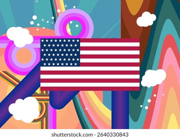 Retro 70s Background with American Flag. Groovy Independence Day 1970s art template. Minimalistic Vintage design poster. Old-fashioned color artwork.