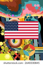 Retro 70s Background with American Flag. Groovy Independence Day 1970s art template. Minimalistic Vintage design poster. Old-fashioned color artwork.