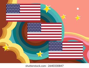 Retro 70s Background with American Flag. Groovy Independence Day 1970s art template. Minimalistic Vintage design poster. Old-fashioned color artwork.